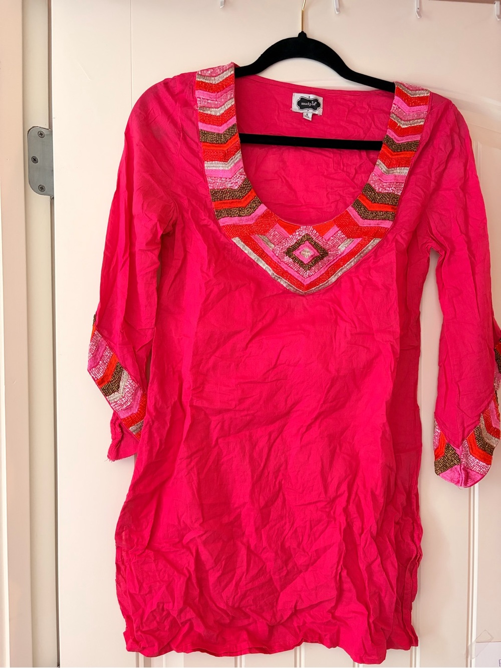 Mudpie Embroidered Scoop Neck Tunic Coverup - Hot Pink